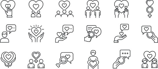 Fototapeta premium Collection of hand drawn heart icons and people holding hearts isolated on transparent background