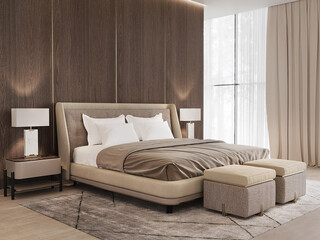 Modern luxury bedroom interior in minimal scandinavian style, 3d render © evgenij