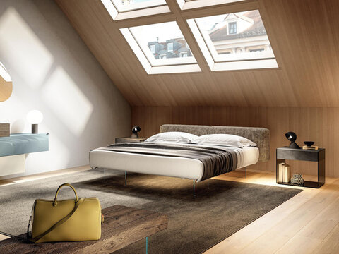 Modern luxury bedroom interior in minimal scandinavian style, 3d render