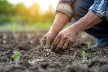 Farmer plants seeds in the ground during morning light in a field with blurred background showing signs of nature