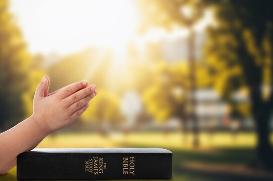 Christian praying with holy bible book