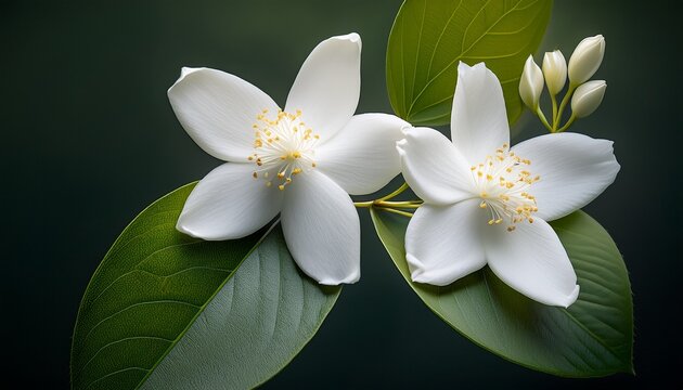 Shows Two Delicate Jasmine Flowers Likely Jasminum Sambac Also Known As Arabian Jasmine Blooming On A Green Leafy Stem
