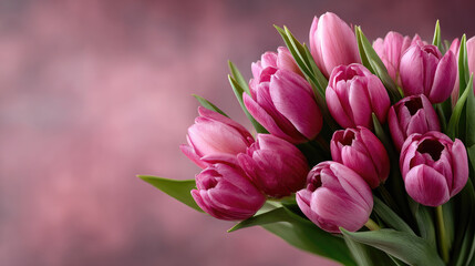 Obraz premium Pink tulips bouquet with fresh green leaves and dark berries rests on a pastel pink surface, representing spring, love, joy, and celebration for Mother's Day, anniversaries, or birthdays