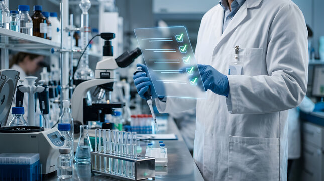 Scientist carefully reviewing checklist while conducting research in a modern laboratory setting with advanced equipment.