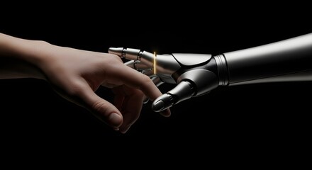 Naklejka premium The Human Hand Reaching Out To A Robotic Arm In A Studio Setting