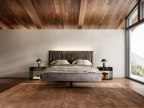 Modern luxury bedroom interior in minimal scandinavian style, 3d render