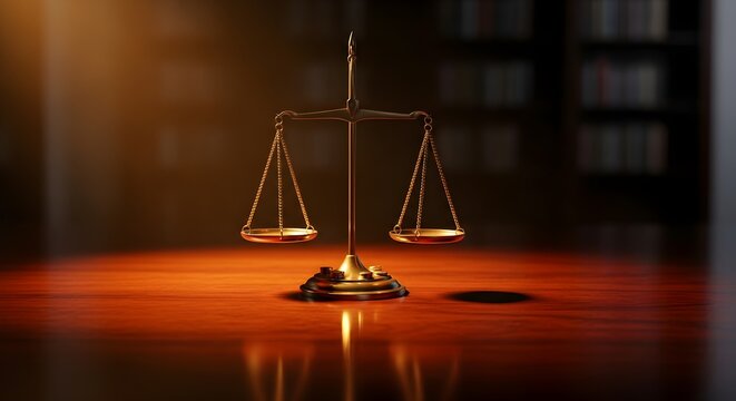 Justice Scales On A Wooden Desk Under Dramatic Lighting