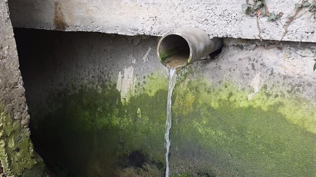 Water flowing from drain pipe onto mossy concrete wall. Rainwater management and runoff from gutter downspout system