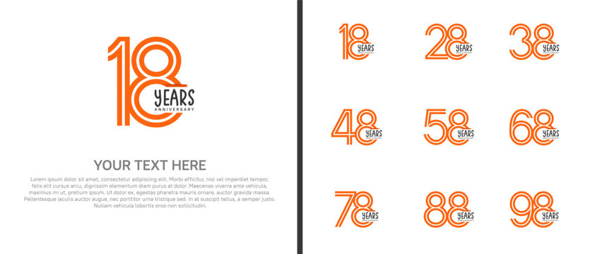 anniversary logo set with orange ribbon. orange number on white background for celebration moment