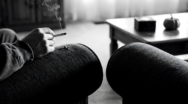 Moody black and white smoking scene with hand holding cigarette indoors