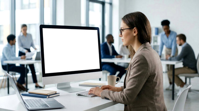 Businesswoman working on document management system in modern office with blank computer screen mockup. Corporate teamwork and digital data organization concept