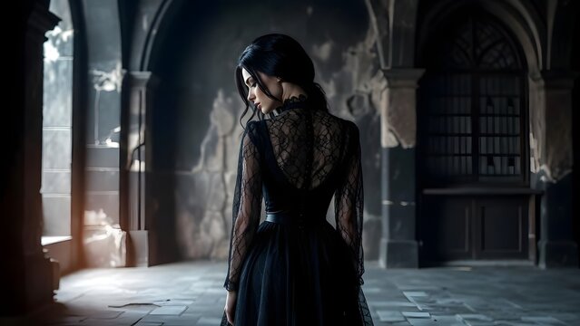 A mysterious woman in an elegant black dress standing in an old building interior. This captivating image shows a woman with her back turned, adding a touch of mystery to the scene.