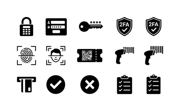 Digital access lock icon, secure login form panel, password key symbol, two factor authentication shield badge, biometric