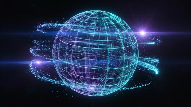 Rotating wireframe globe with glowing sparks and trails. Digital earth animation visualizing technology and global connectivity concepts.