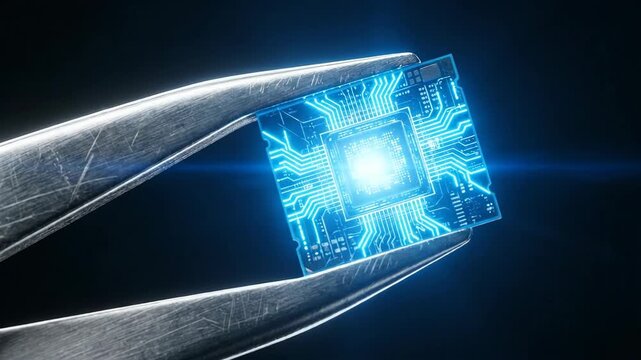 Tweezers picking up microchip from start to glowing activation. Blue circuit board assembly sequence in electronics. Digital technology component visualization for tech innovation.