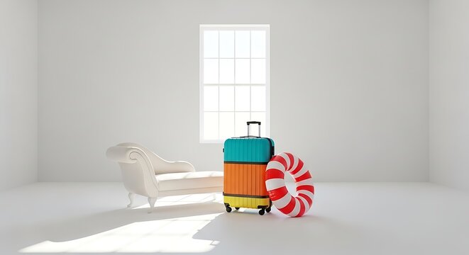 Vibrant luggage and candy in room.