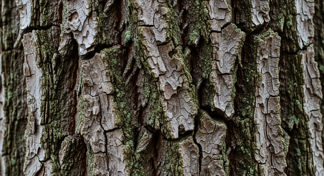 Close-up of textured tree bark with rough cracked surface and moss