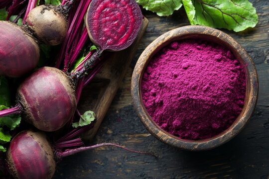 Earthy beetroot powder in rustic bowl next to fresh beets on wooden surface