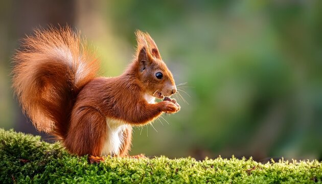Linda Ardilla Roja Sciurus Vulgaris Comiendo Una Nuez En Un Bosque Verde Primaveral Con Espacio Para Copiar Precioso Animal Salvaje Con Orejas Largas Y Cola Esponjosa Alimentandose En La Naturalez