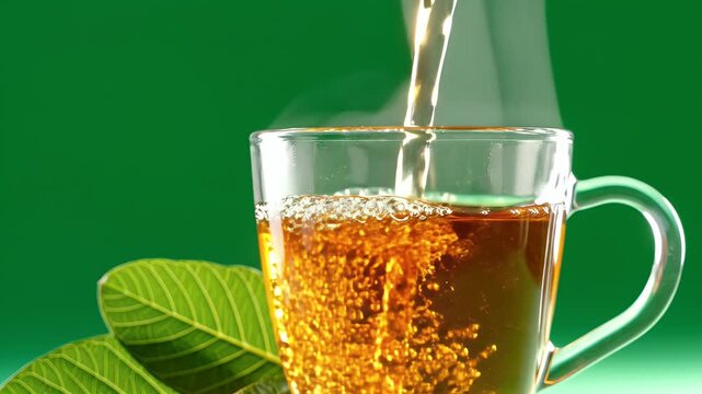 Close Up of Hot Guava Leaf Tea Being Poured into a Clear Glass Mug with Steam Rising and Green Leaves on the Side Against a Solid Green Background Cinematic Food Commercial