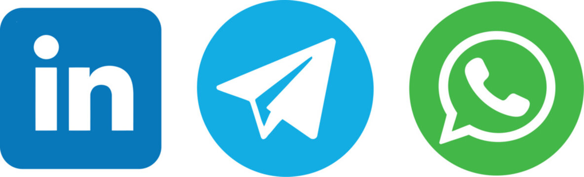 Set of popular social media and messaging app icons including linkedin, telegram and whatsapp logos