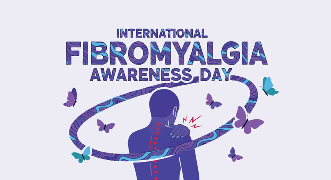Purple silhouette of a person with colorful butterflies and a pain line for International Fibromyalgia Awareness Day in flat design for health campaign