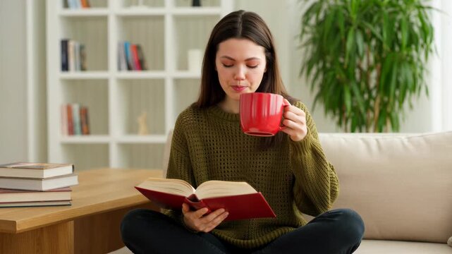 Woman reading a book on the sofa while enjoying a hot beverage at home. A cozy, relaxing scene of leisure and comfort. Serene moment, self care, indoor lifestyle.