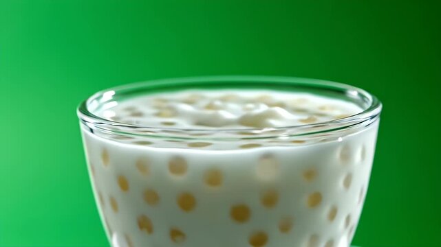 Close Up of Low Sugar Tapioca Pudding in a Clear Glass with Creamy White Texture and Yellow Pearls on a Vibrant Green Background with Soft Lighting