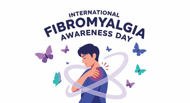 Man with fibromyalgia pain awareness ribbon purple butterflies International Fibromyalgia Awareness Day for health campaign