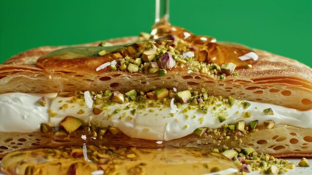 Close Up Of Palestinian Qatayef Pancake Filled With Cream Drizzled With Honey And Pistachios On A White Surface With Green Background