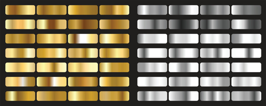 Collection of metallic color gradient swatches featuring various shades of brilliant gold and silver
