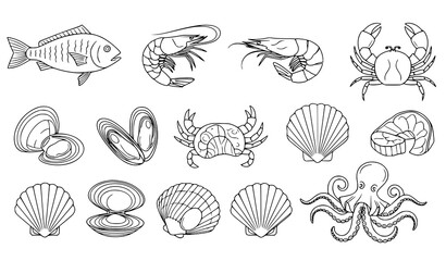 Obraz premium A minimalist black and white vector illustration of various seafood including fish crustaceans and mollusks in a simple line art style on a white background