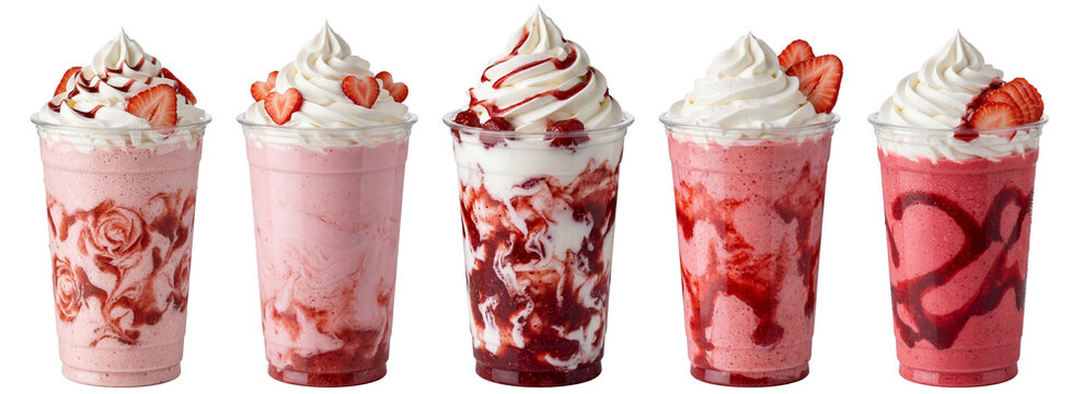 strawberry frappe milkshake drinks with whipped cream isolated on a transparent background