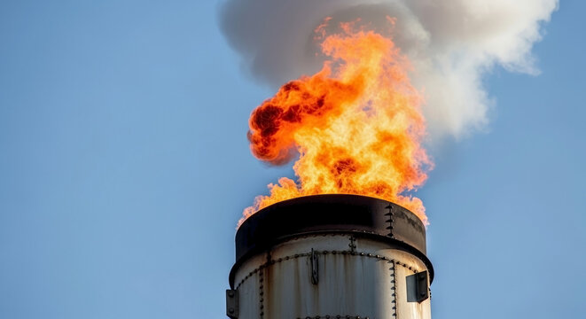 Gas flare burning bright flames from industrial stack. Visible gas flare at oil refinery symbolizes energy production, waste combustion. Striking gas flare image for petrochemicals, environment.
