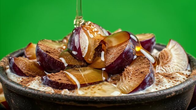 Close Up of Sliced Plums and Cinnamon Sprinkled Over Creamy Oatmeal with Honey Drizzled in Slow Motion Against a Vibrant Green Background