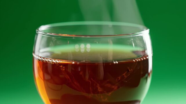 Close Up Of Steaming Pu Erh Tea In A Transparent Glass Against A Vibrant Green Gradient Background With Cinematic Lighting