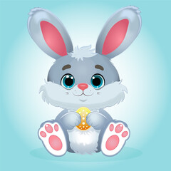 Fototapeta premium Cute vector illustration of a grey baby bunny holding a gold Easter egg, clean Scandinavian flat design, perfect for nursery art, greeting cards, and kids' products branding.