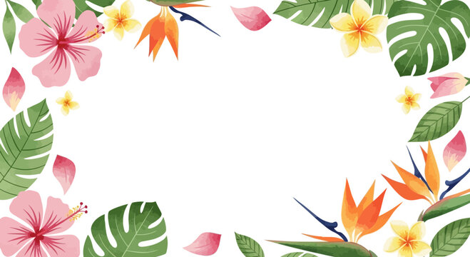 Tropical Floral Border with Hibiscus and Bird of Paradise Flowers 1.