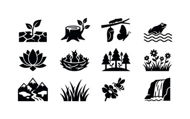 Fototapeta premium Cracked earth turning green icon, tree stump with new shoot symbol, caterpillar transforming icon, frog emerging from water symbol
