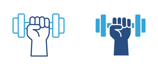 Naklejka premium Dumbbell workout icon set. Hand lifting barbell weight, strength training, gym fitness and bodybuilding exercise concept. Vector illustration.