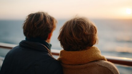 Fototapeta premium Two people sit close, gazing out at sunset over water
