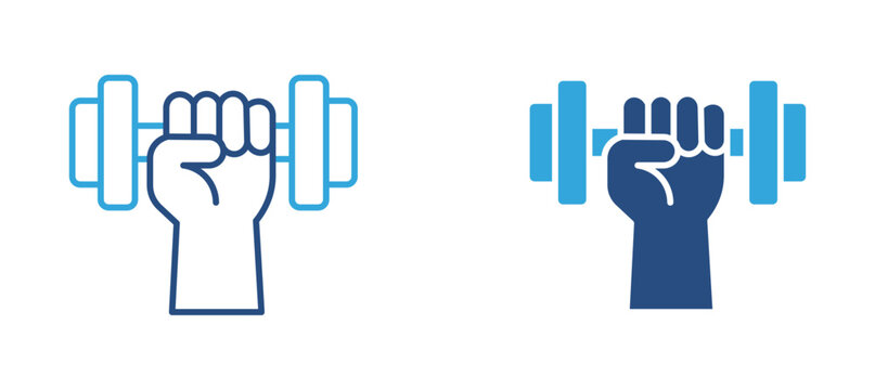 Dumbbell workout icon set. Hand lifting barbell weight, strength training, gym fitness and bodybuilding exercise concept. Vector illustration.