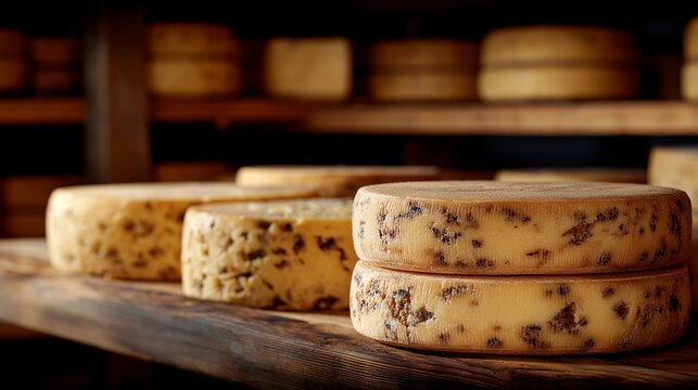 Cheese maker turning aging wheels in humidity controlled cave cellar with rows of ripening artisan products on wooden shelves and mold development, perfect for artisan dairy, food aging, and