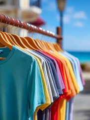 Obraz premium Vibrant assortment of colorful t-shirts hanging on wooden hangers outdoors with a blurred beach and clear sky in the background on a sunny day