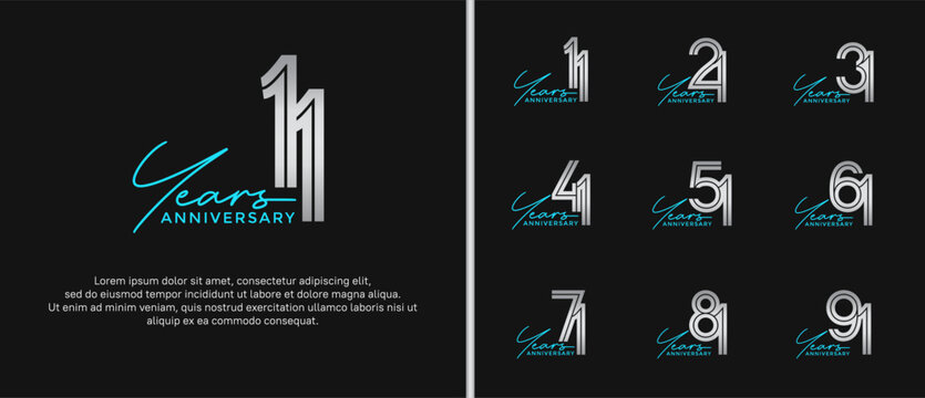 anniversary vector logo set, silver color with blue handwriting can be use for celebration