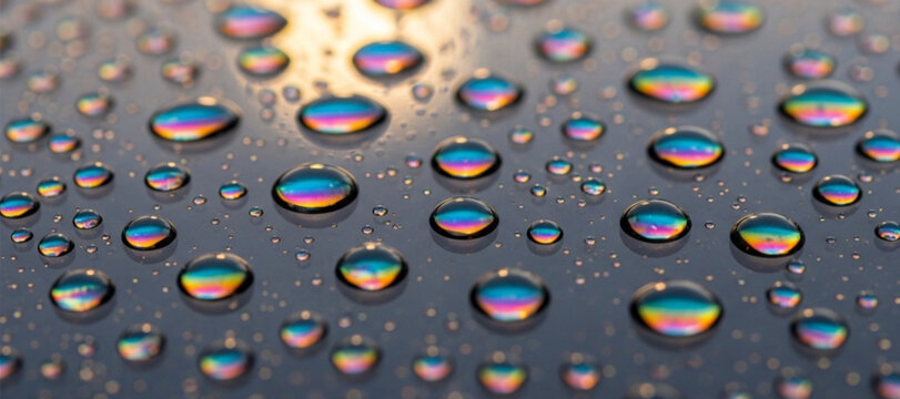 Close-up of iridescent water droplets on a reflective surface water drops condensation
