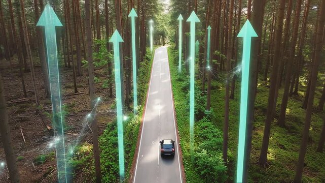 Financial growth chart on a forest path representing sustainable investment strategy green business road and ecological success concept