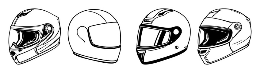 Fototapeta premium Motorcycle helmet set with racing team helmet vector illustrations featuring racing colors, team logos, sports gear with chrome protectors and aerodynamic design