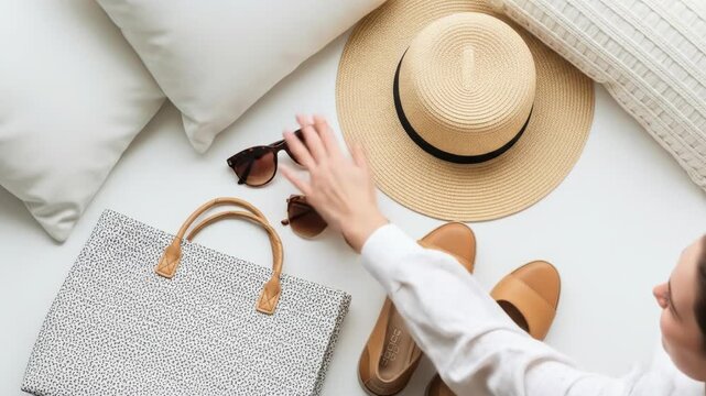 A flat lay of summer accessories, including a woven bag, sunglasses, a straw hat, and sandals, on a white surface with pillows and a person's hand