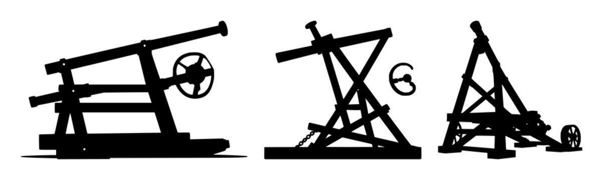 Trebuchet set with solid black silhouette and flat 2D vector detail featuring medieval siege engine, black outline, medieval artillery with silhouette and white background